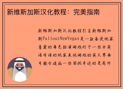 新维斯加斯汉化教程：完美指南