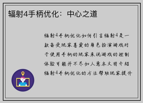辐射4手柄优化：中心之道